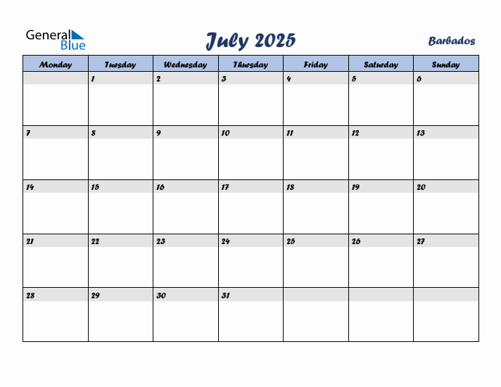 July 2025 Calendar with Holidays in Barbados