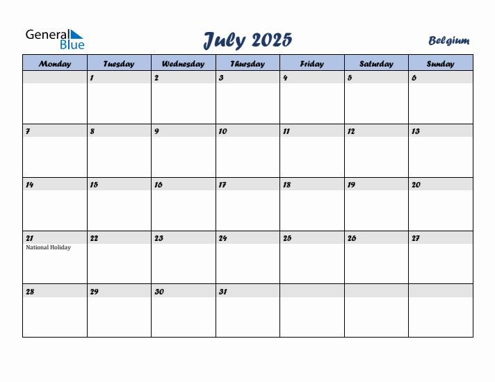 July 2025 Calendar with Holidays in Belgium
