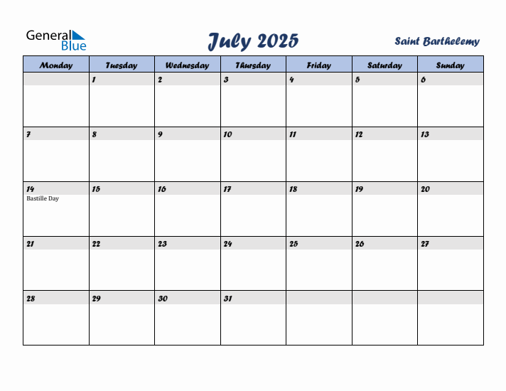 July 2025 Calendar with Holidays in Saint Barthelemy