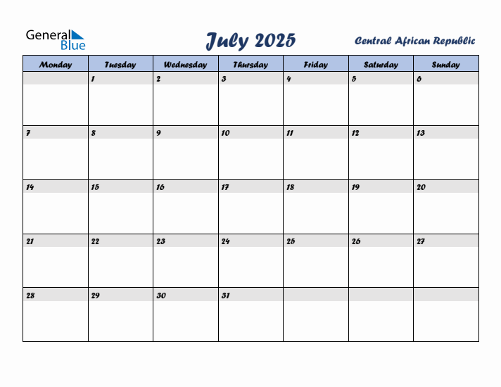 July 2025 Calendar with Holidays in Central African Republic