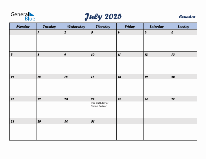July 2025 Calendar with Holidays in Ecuador