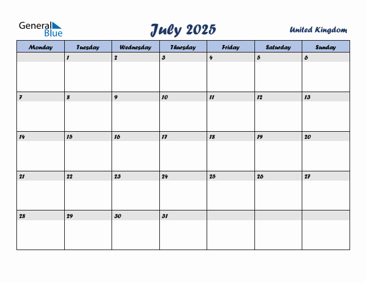 July 2025 Calendar with Holidays in United Kingdom