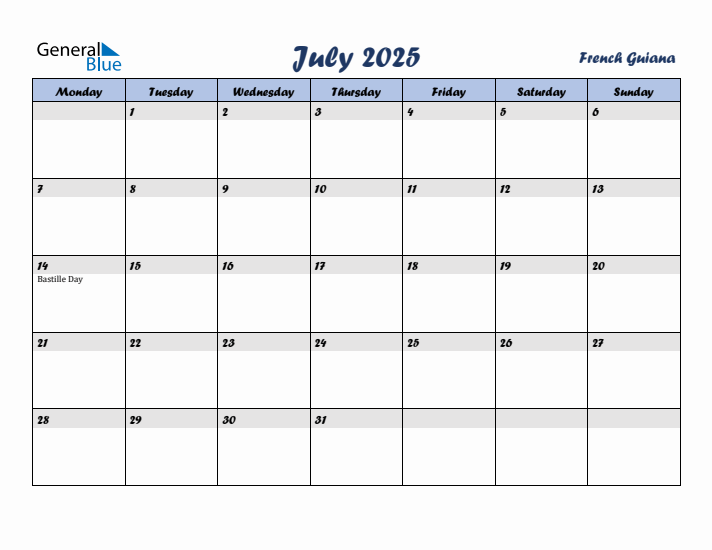 July 2025 Calendar with Holidays in French Guiana