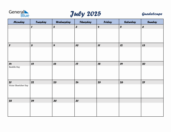 July 2025 Calendar with Holidays in Guadeloupe