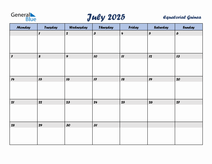 July 2025 Calendar with Holidays in Equatorial Guinea