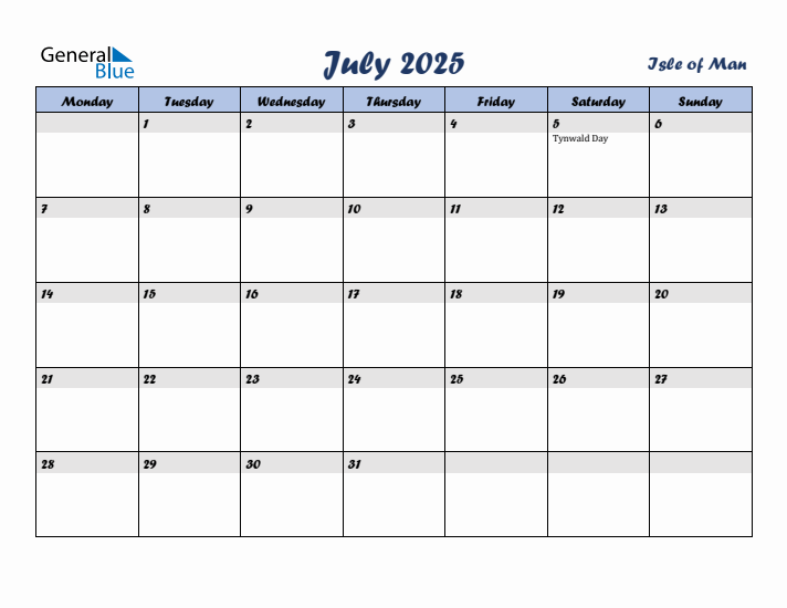 July 2025 Calendar with Holidays in Isle of Man