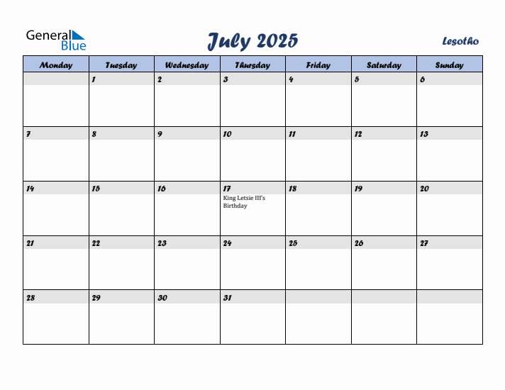 July 2025 Calendar with Holidays in Lesotho