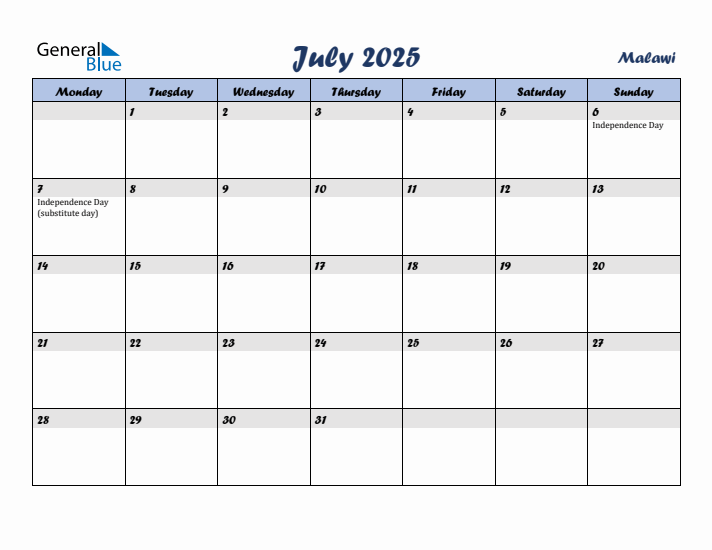 July 2025 Calendar with Holidays in Malawi