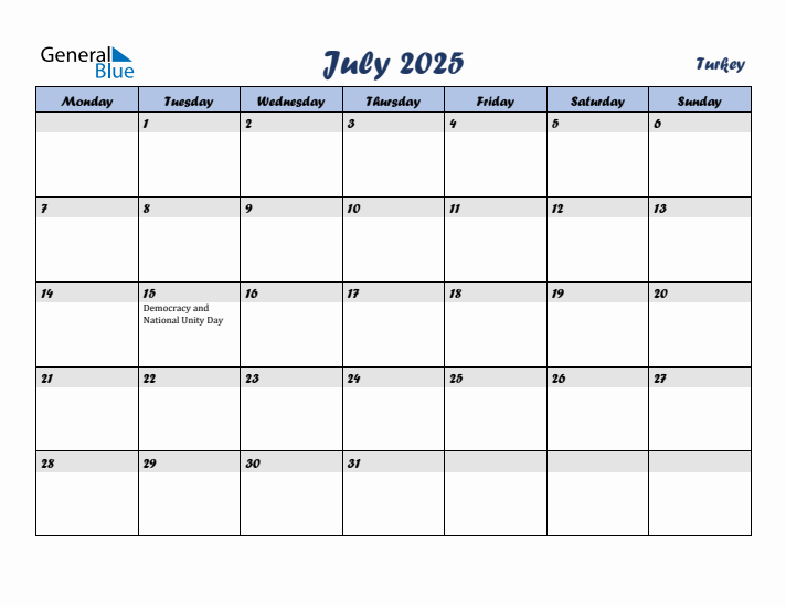 July 2025 Calendar with Holidays in Turkey