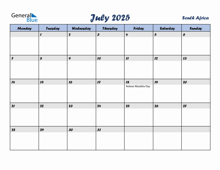 July 2025 Calendar with Holidays in South Africa