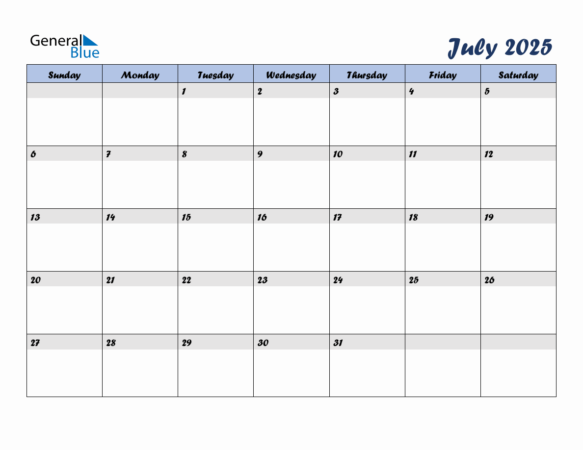 Free July 2025 Monthly Editable Calendar, starting on Sunday