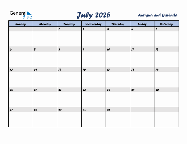 July 2025 Calendar with Holidays in Antigua and Barbuda
