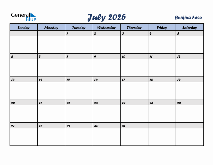 July 2025 Calendar with Holidays in Burkina Faso