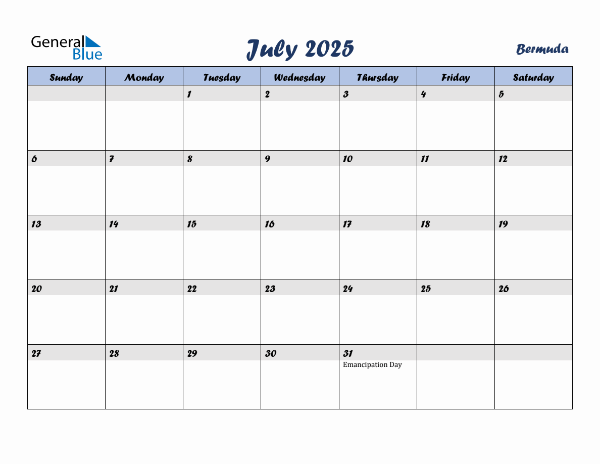 July 2025 Monthly Calendar Template with Holidays for Bermuda