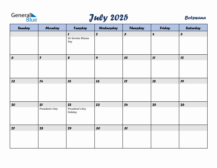 July 2025 Calendar with Holidays in Botswana