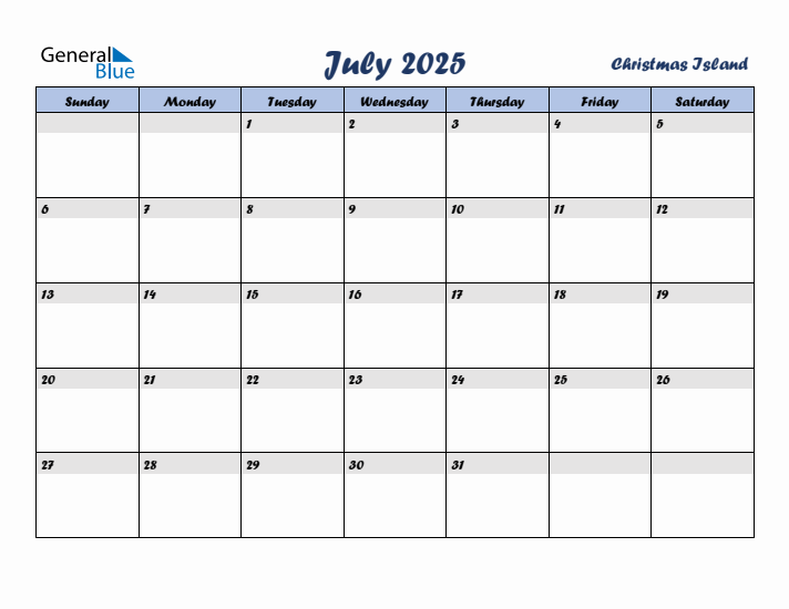 July 2025 Calendar with Holidays in Christmas Island