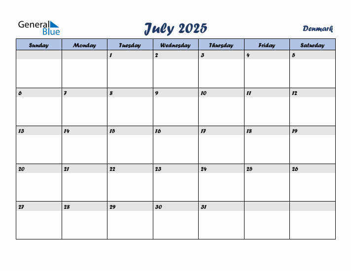 July 2025 Calendar with Holidays in Denmark