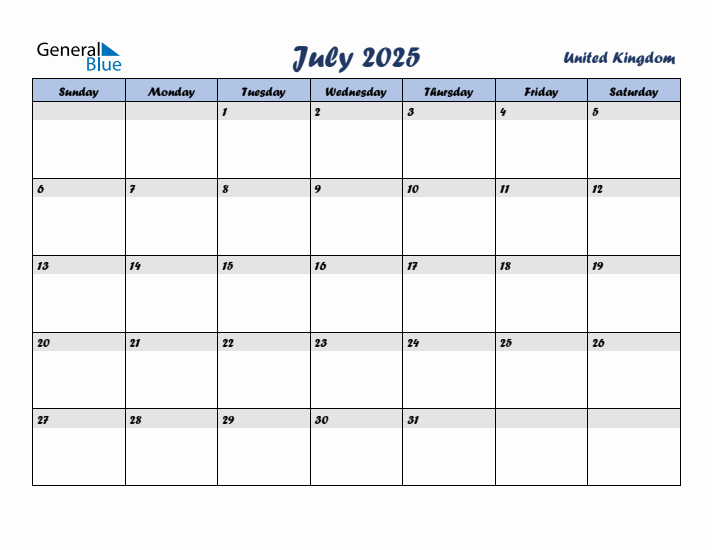July 2025 Calendar with Holidays in United Kingdom