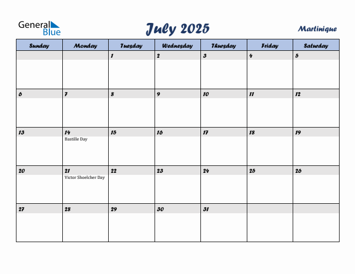 July 2025 Calendar with Holidays in Martinique