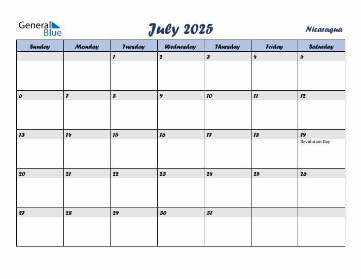 July 2025 Calendar with Holidays in Nicaragua