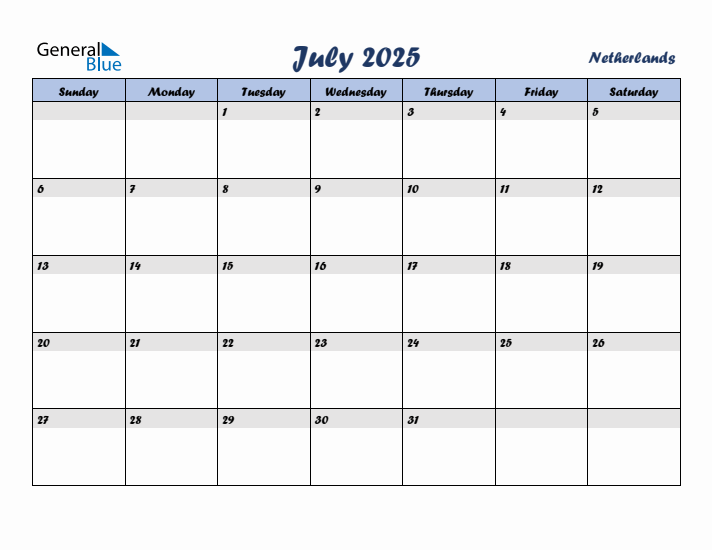 July 2025 Calendar with Holidays in The Netherlands