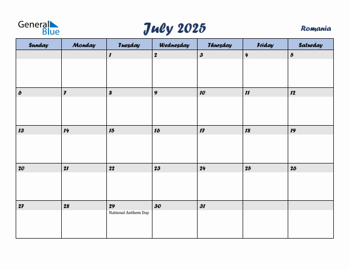 July 2025 Calendar with Holidays in Romania