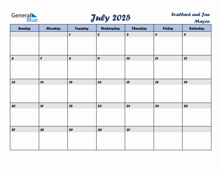 July 2025 Calendar with Holidays in Svalbard and Jan Mayen