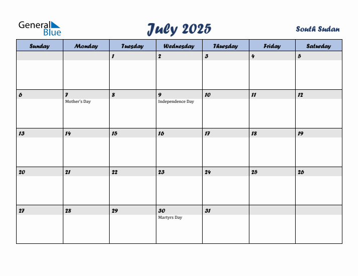 July 2025 Calendar with Holidays in South Sudan