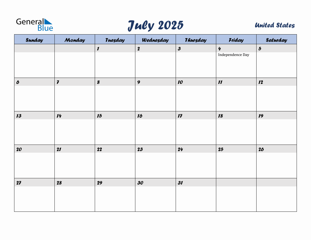 July 2025 Monthly Calendar Template with Holidays for United States