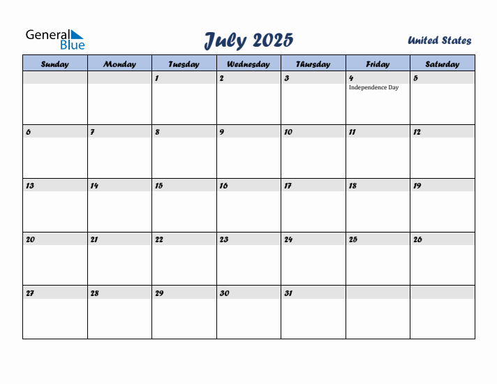 July 2025 Calendar with Holidays in United States