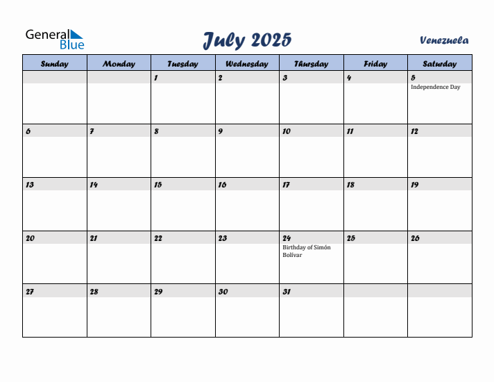 July 2025 Calendar with Holidays in Venezuela
