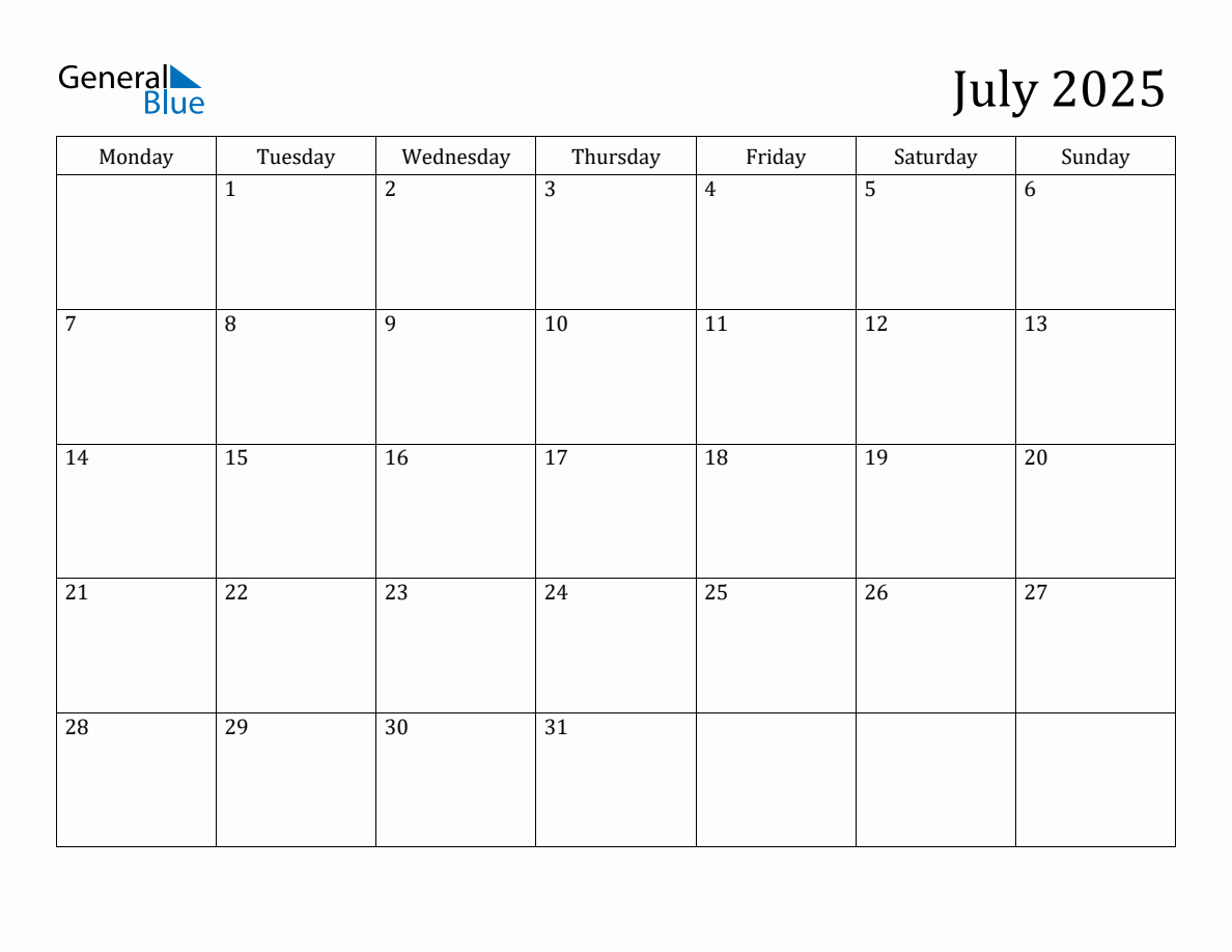 July 2025 Monthly Calendar