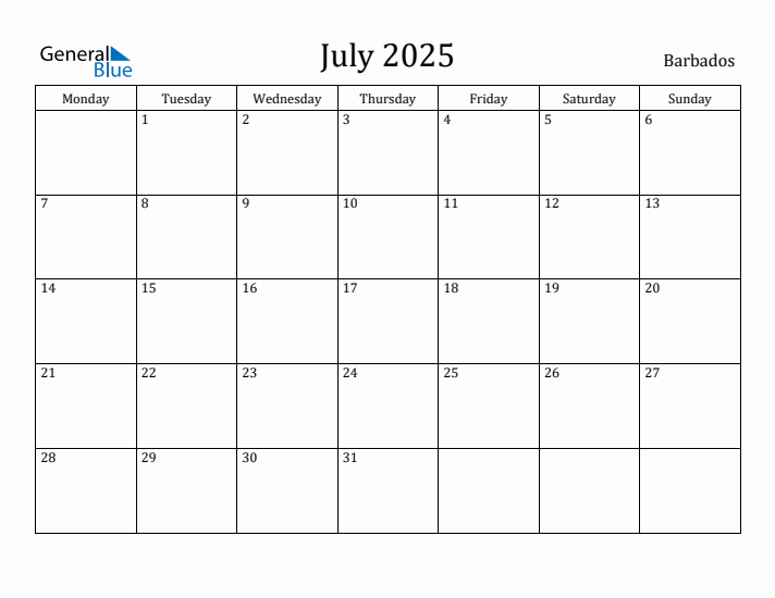 July 2025 Calendar Barbados