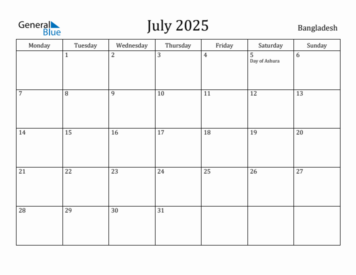July 2025 Calendar Bangladesh
