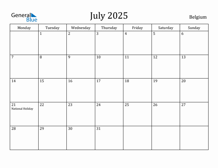July 2025 Calendar Belgium