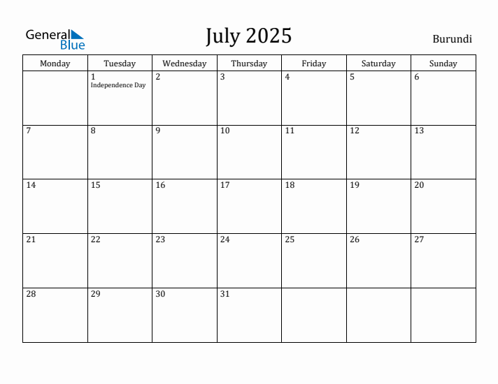 July 2025 Calendar Burundi