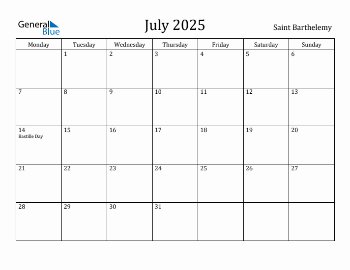 July 2025 Calendar Saint Barthelemy