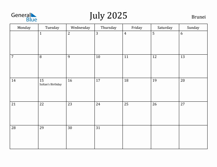 July 2025 Calendar Brunei