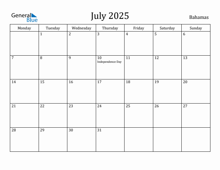July 2025 Calendar Bahamas