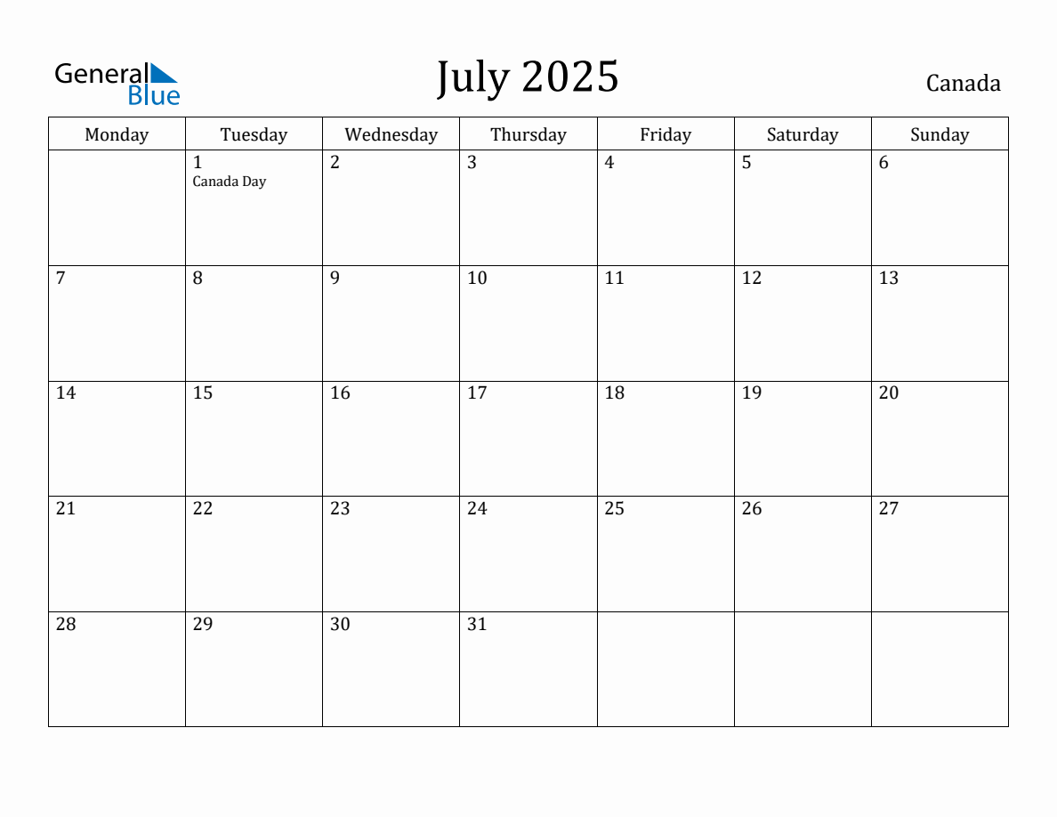 July 2025 Canada Monthly Calendar with Holidays