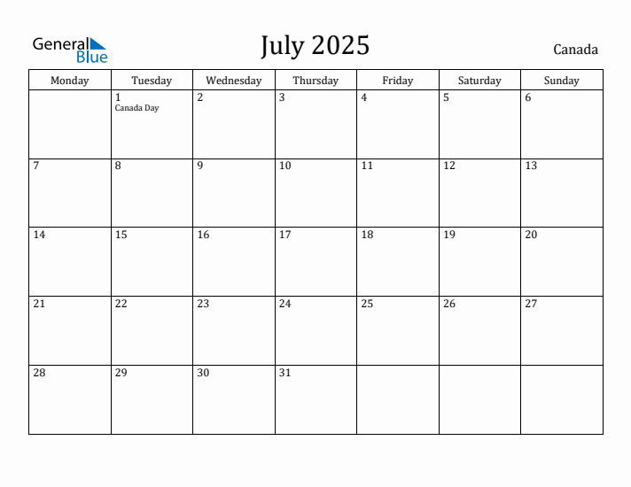 July 2025 - Canada Monthly Calendar with Holidays