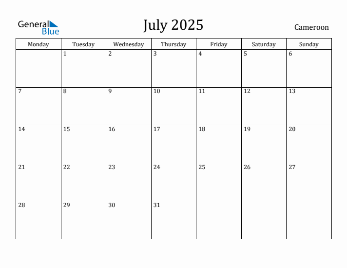 July 2025 Calendar Cameroon