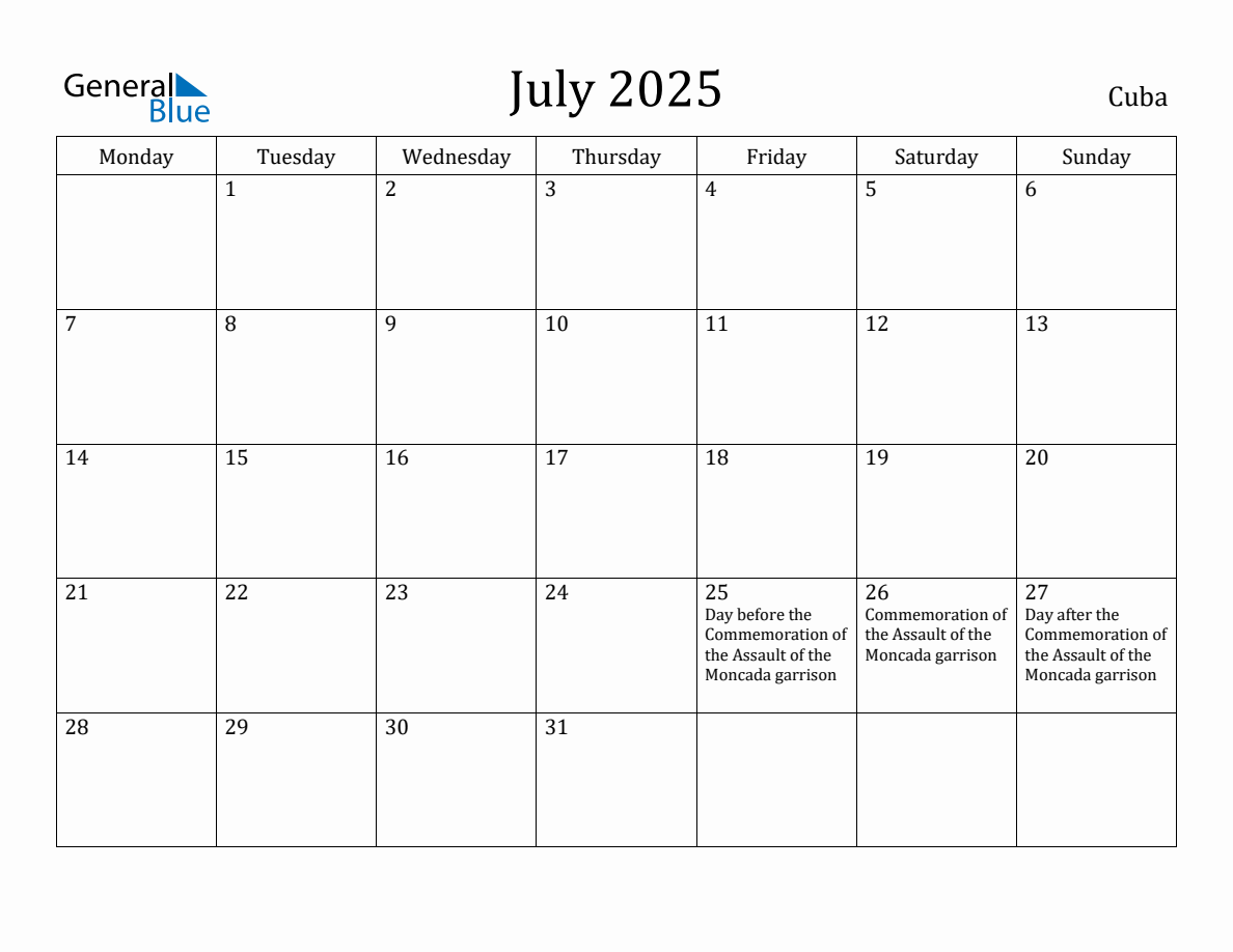 July 2025 Cuba Monthly Calendar with Holidays