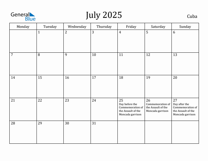 July 2025 Calendar Cuba