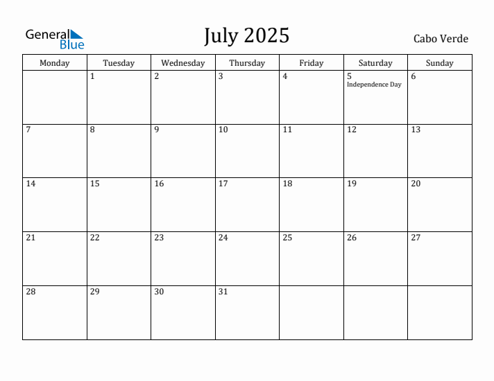 July 2025 Calendar Cabo Verde