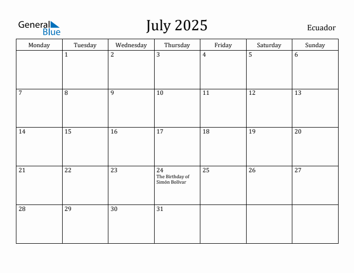 July 2025 Calendar Ecuador