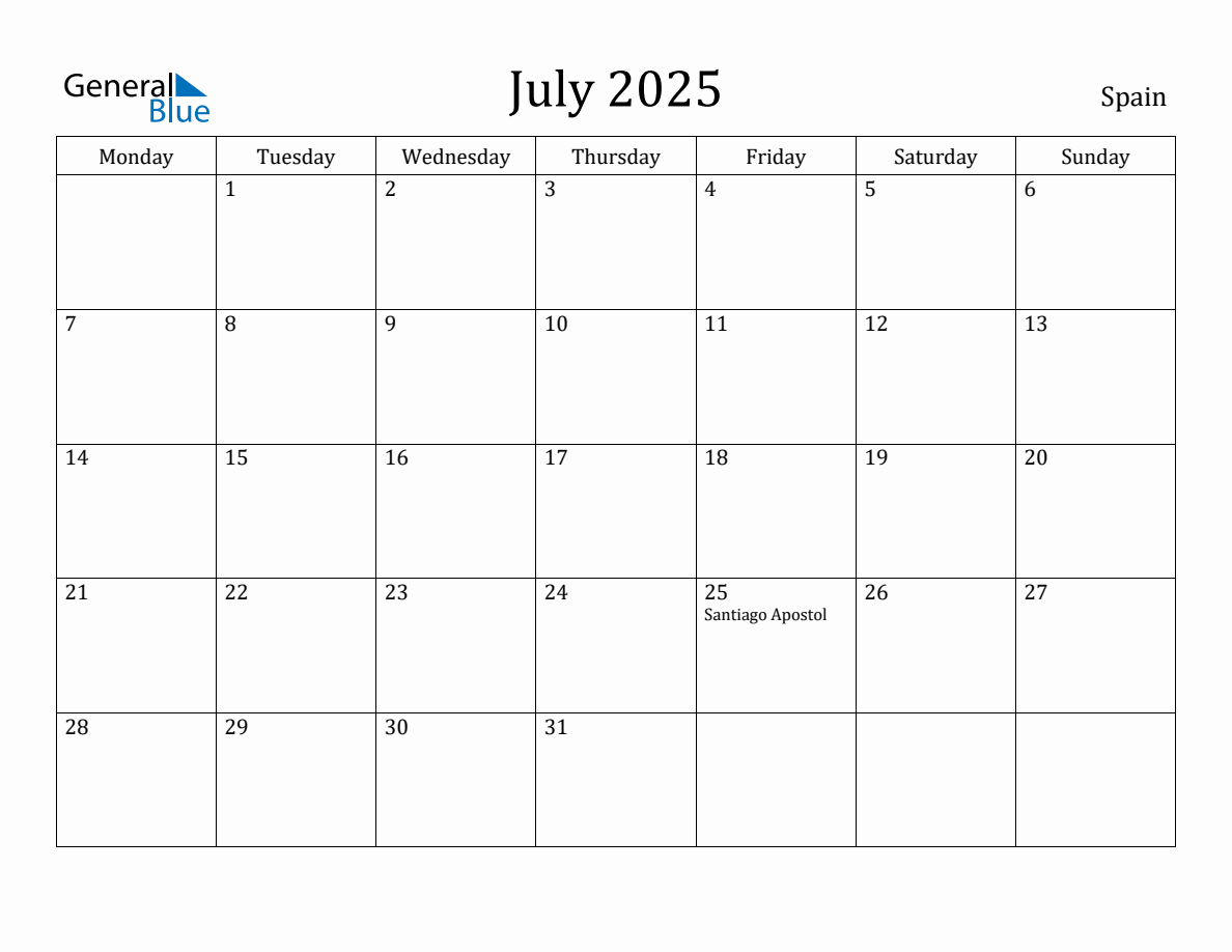 July 2025 Spain Monthly Calendar with Holidays