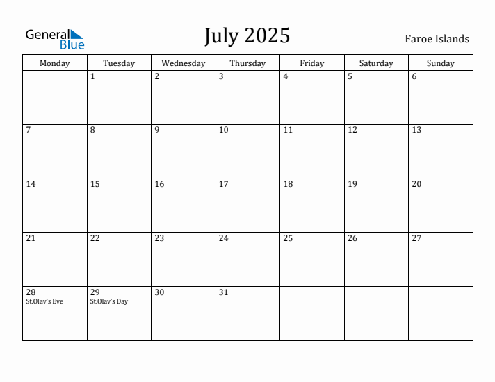 July 2025 Calendar Faroe Islands