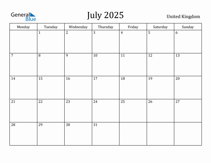 July 2025 Calendar United Kingdom