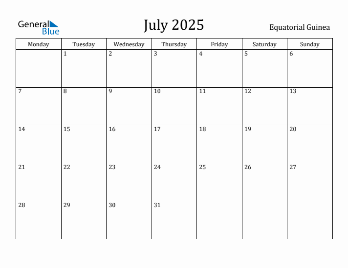 July 2025 Calendar Equatorial Guinea